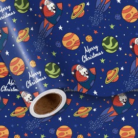 LeZakaa Rocket Santa Christmas Wrapping Paper Roll, Blue Santa on Rocket, Space Theme, for Christmas, Sci-Fi Fans, Kids, Adults, Mini Roll 17 in x 16.4 Ft