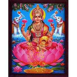 Handicraft Store Lakshmi Showering Money with Pair of Elephants, A Poster Print with Frame for Home and Office DÃ©cor Purpose.