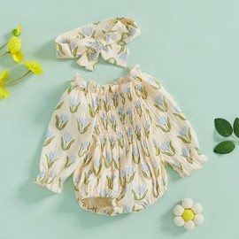 Infant Baby Girl Linen Romper Smocked Bubble Bodysuit Frill Trim Ruffle One-Piece Jumpsuit Casual Cute Summer Clothes (Z Green, 0-3 Months)