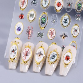 LIFOOST Summer Nail Art Stickers 5D Embossed Insect Spring Decals Scorpion Spider Bee Golden Edge Design Self Adhesive Nail Art Supplies for Women DIY Manicure Decorations