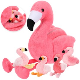 Skylety 18 Inches Flamingo Stuffed Animal with 4 Babies Plush Toys Inside Zippered Tummy Pink Mommy Flamingo Toy Stuffed Animals for Birthday Party Decoration