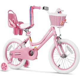 XJD Girls Bike for Toddlers and Kids Ages 2-12 Years Old,12 14 16 Inch Kids Bike with Training Wheels & Basket (16 Inch with Training Wheels, Light Pink)