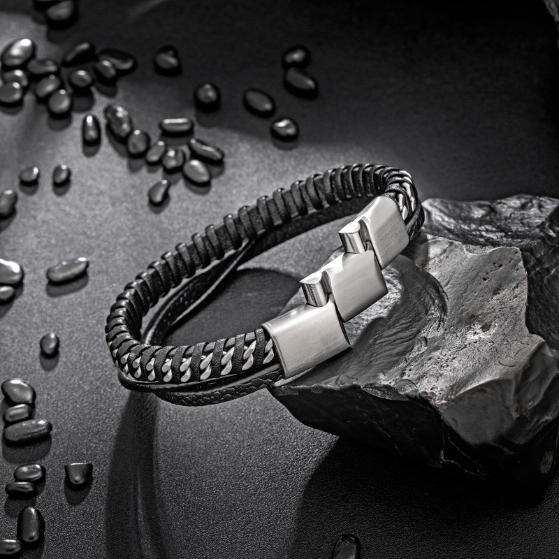 murtoo Mens Bracelet, Premium Leather Bracelet for Men in Silver