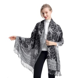 Black and White Paisley Pashmina Shawl,Ciormis Elegant Fringe Pashmina Shawls and Wraps for Ladies Evening Dresses(CA-Style1 Black&White)