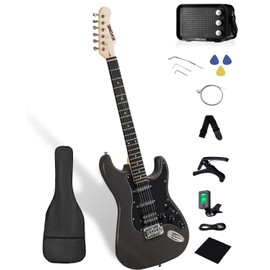 RVONE RST-150 39" Beginner Electric Guitar Kit with Amp & HSS Pickups | Complete Starter Set for Newcomers w/Essentials | Gig Bag, Extra Strings, Digital Tuner, Capo, Strap | Home Practice (Black)