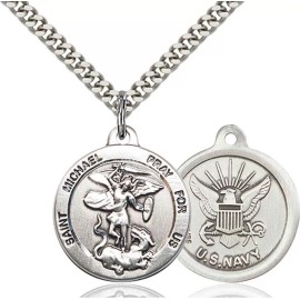 Pewter Saint Michael Navy Military Medal Pendant Necklace 18" Chain GiftBox