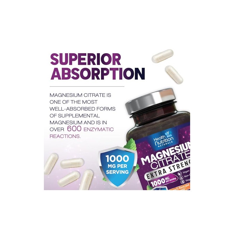Health Nutrition Naturals Cápsulas Citrato Magnesio 1000 Polvo Máxima Absorción