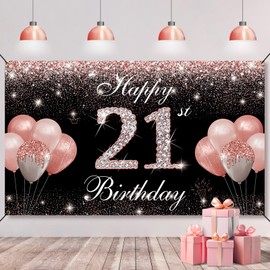 HTDZZI 21st Birthday Decorations for Her Rose Gold, Happy 21st Birthday Backdrop Banner, 21 Year Old Birthday Party Photo Booth Props Yard Sign Background Decor Supplies for Women, Fabric
