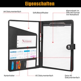 AMKSONS A4 Writing Case in Black Including Clipboard & DIN A4 Notepad - Premium PU Leather Conference Folder with Document Compartments, Pen Holder, Flip Cover and Magnetic Closure