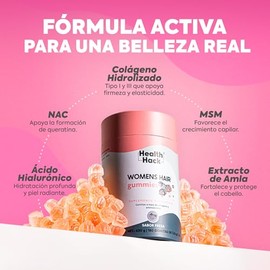 Health Hack Womens Hair en Gomitas con 18 Ingredientes para Cabello, Piel y Uñas, 1140 mg de Colágeno I y III, MSM, L-Cisteína, L-Lisina, Bambú, Bioti
