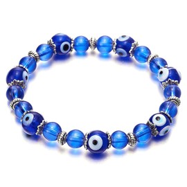 COOLSTEELANDBEYOND Womens Beads Bracelet with 8mm Blue Murano-Style Glass Evil Eye Beads and Charms