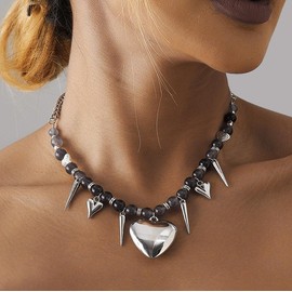 Goth Chunky Heart Charm Choker Necklace Chrome Bubble Necklaces for Women Gothic Spiked Choker Rosary Beads Ball Chain Y2k Emo Choker Grunge Statement Necklace Alt Jewelry Accessories, Choker, Zinc