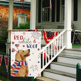 Louise Maelys 4 of July Garden Flag Golden Retriever Dog Red White and Woof Independence Day 12x18 Inch Double Sided Stars and Stripes Small Burlap Yard Sign Outside Outdoor House Decor