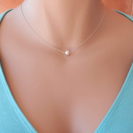 TseenYi Tiny Pearl Pendant Necklace Floating Pearl Chain Necklace Choker Minimal Boho Collarbone Necklace Jewelry for women and Girls (Silver)
