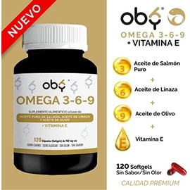 OBY Omega 3  Vitamina E, Omega 6 y Omega 9. 120 Softgels. Omega 3 6 9 capsulas Aceites Puros de Salmon, Linaza, Olivo, con DHA y EPA. Sin metales