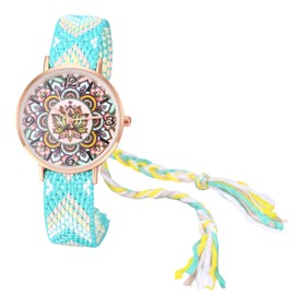 JewelryWe Women's Watch Boho Flowers Watch: Bohemian Style Colourful Adjustable Braided Rope Bracelet Cotton Analogue Quartz Wrist Watch Women's Casual Watch with Round Floral Print Dial, Green White