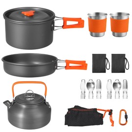FUNYKICH 17PCS Camping Cooking Set, Non-Stick Lightweight Camping Pots and Pans Set with Kettle, Stainless Steel Cups, Foldable Forks Knives Spoons for Camping, Backpacking, Outdoor Cooking & Picnic
