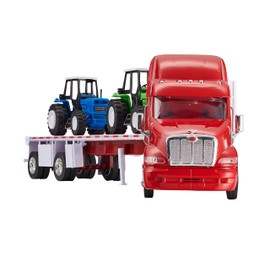 Wheel Master Diecast Model Toy Truck, Red Peterbilt 387 Flatbed Tractor Trailer with 2 Farm Tractors, Opening Doors, Interactive 1:32 Scale