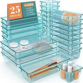 StorMiracle 25 PCS Drawer Organizer Set, 4 Varied Size Bathroom and kitchen Drawer cabinet organizer Trays, Clear Storage Bins for Makeup, Jewelry, Utensils and Gadgets
