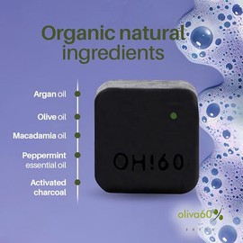 Shampoo en barra de Oliva. Oliva60. Para cabello graso. Con carbón activado y menta. Control grasa. Sin sulfatos, Con aceite de argán, macadamia, extracto de aloe, provitamina B5. 100 gr. (Carbón menta).