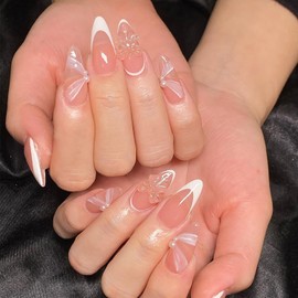 24Pcs Bows Press on Nails Long Almond Fake Nails French Tip False Nails with Bows Designs Full Cover Nude Acrylic Nails French Nude Artificial on Nails for Women and Girls Holiday Nail Art Accessories