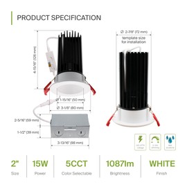 ASD 2 Inch LED Recessed Lighting, 15W 120-277V LED Downlight, 5 CCT 2700K-5000K, Canless Dimmable LED Downlights for Ceiling with J-Box, Smooth Reflector, CRI 90+, IC Rated, ETL, Energy Star, White