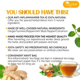 20 Tea Bags - Anti-Inflammaheb Loose Leaf Tea, 100% Natural from Ginger, Turmeric, Peppermint, Black Pepper, Cinnamon. No Sugar, No Caffeine, No Gluten, Vegan