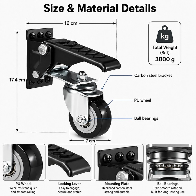 Set of 4 Retractable Workbench Casters – 2.5" 360° Swivel