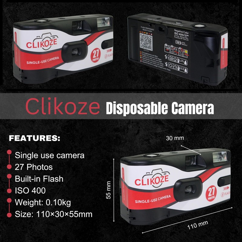 Clikoze Disposable Camera with 27 Exposures, Ultramax ISO 400 35mm