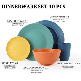 Perlapoc Wheat Straw Dinnerware Set - Service for 8 | Plates and Bowls Set |Unbreakable Dishes Set - Dinner Plates, Dessert Plates, Cereal Bowls, Drinking Glasses, Dishwasher Safe - Multi Color