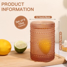 JOVGANK Colored Vintage Hobnail Drinking Glasses Set of 6, Embossed Water Tumbler 15oz, Kitchen & Bar Beaded Highball Glasses, Beverage Glass Cups for Water, Beer, Juice, Cocktail Glassware