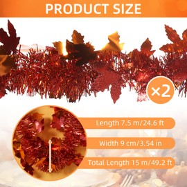 50 Feet Fall Maple Leaves Garland Orange Tinsel Leaf Thanksgiving Decoration for Tree Autumn Harvest Mantle Decor Party Garland Supply (50 FT)
