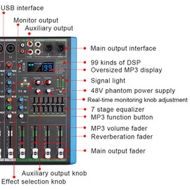 Yamnweo MIX-12 DJ Controller Mixer, DJ Audio Mixer 12-Channel Input with 99-bit DPS and 7-segment Equalizer Chip Bluetooth USB Recording and MP3 Playback for Stage, Bar, Studio