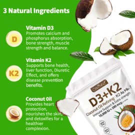 Gwynne Vitamina D3 10.000ui + K2 Mk-7 200mcg,2 En 1 Aceite De Coco Vírgenapoyo Óseo,inmunológico Y Cardíaco,300 Cáps