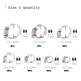 Dabeto 60-Piece Professional Hose Clamp Set, 8-38 mm Pipe Clamps Made of 304 Stainless Steel, 7 Sizes Hose Clamps, Hose Ties Industrial Quality, Robust for Water Pipes, Automotive Tubing, etc.