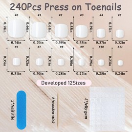 240Pc Short Press On Toenails, White Fake Toe Nail Press Ons for Women Perfect Fit Toe Press on Nails with Jelly Glue Reusable Acrylic False Toenail Kit