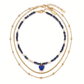 RINHOO FRIENDSHIP Stainless Steel Layered Heart Pendant Necklaces Gold-Tone Beaded Pearl Chain Necklaces Hypoallergenic Statement Jewelry for Women (3pcs Blue Style)