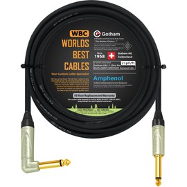 50 Foot - Gotham GAC-1 Ultra Pro (Black) - Premium, Low-Capacitance (21 pf/F) Guitar Bass Instrument Cable - Amphenol QM2R-AU & QM2P-AU ¼ Inch (6.35mm) Gold TS Connectors