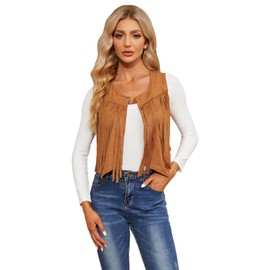 WERFORU Fringe Vest Women Faux Suede Open-Front Vintage Tassel Vest Coat Sleeveless 70s Hippie Boho Western Jacket,Coffee, M/L