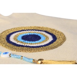 Tote Bag for Women with Handmade Crochet Evil Eye Natural Jute Beach Bag Waterproof Lining Off-White