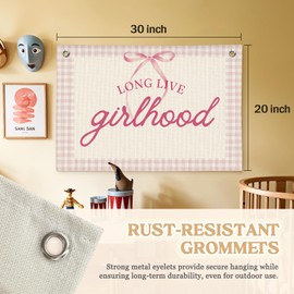MOFUYU Girl Room Decor - Long Live Girlhood Linen Banner Retro Coquette Pink Bow Wall Hanging for Nursery, Playroom, Kids Bedroom and Aesthetic Room Decor 30x20 Inch