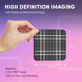 Destination Vinyl ltd Great Coasters (Set of 4) Square - BW - Scottish Teal Tartan Scotland Drink Glossy Coasters/Tabletop Protection for Any Table Type #35088