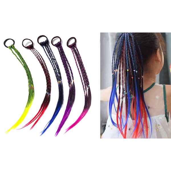 Fumemo Colorful Wigs, Set of 5, Braid, Mesh, Hair Extension, Elastic Included, Color Extension, Ponytail, Stylish, Cute, Kids, Girls, Women's, Dance, Events, Recitals (Light)