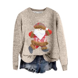 QUINTRA Oversized Pullover Women's Santa Print Sweatshirt, Long Sleeve Crew Neck Tops, beige, XL