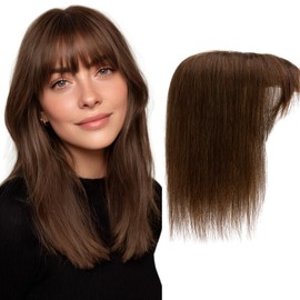Charites Hair Toppers for Women Real Human Hair 16 Inch Long Straight Toppers for Women with Thinning 7 * 13CM Silk Base Clip in Hairpieces with Bangs (Medium Brown)