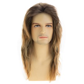 Dsimeig Mens Long Wavy Brown Wig Natural Layered Synthetic Halloween Cosplay Hair Wig