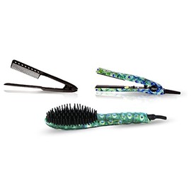 Neo 3 pcs Set - Ionic Heated Brush Straightener, Ceramic Flat Iron and Easy Hair Comb Full Set (Peacock)
