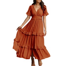 Amegoya Women's Summer Boho Tiered Maxi Dress V Neck Smocked Hight Waist Long Flowy Dress (Burnt Orange S)
