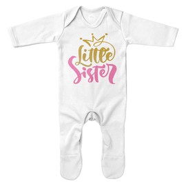 Little Sister Gold And Pink Baby Romper Suit, Flower Circle Gifts For Little Sis, Cute Girls Infant Sleepsuit Outfit Gift Idea, Babies Big Sister Little Sister Shirts, 0-3 Months, White