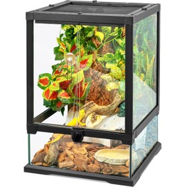 18x12x12 12 Gallon Glass Reptile Tank Front Opening Terrarium Suitable for Leopard Geckos, Snakes Tree Frogs Chameleons Watertight Base, Ventilated Metal Mesh Top, Pre-Drilled Cable Holes